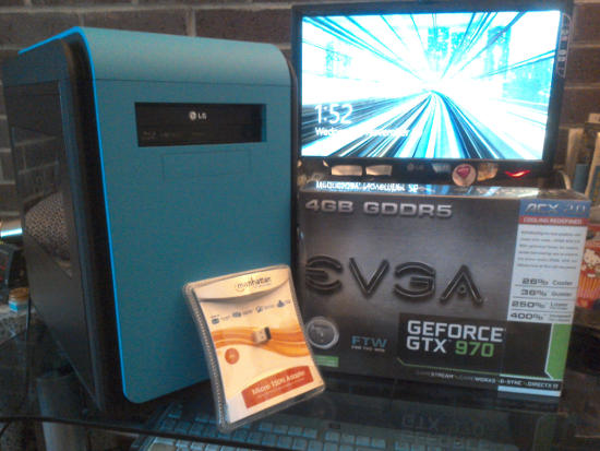 EVGA GeForce 970 and Manhattan wireless USB adapter product boxes.